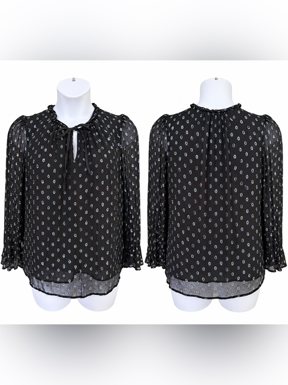 LOFT Black Sheer Floral Blouse Ruffle Neck Bow Long Sleeve Size L